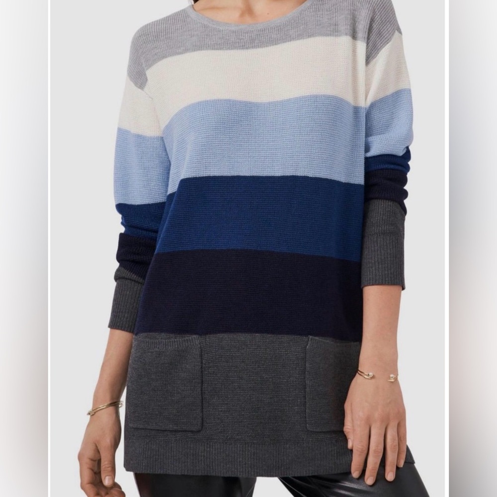 Vince Camuto Gray Knit Colorblock Striped Sweater with Pockets